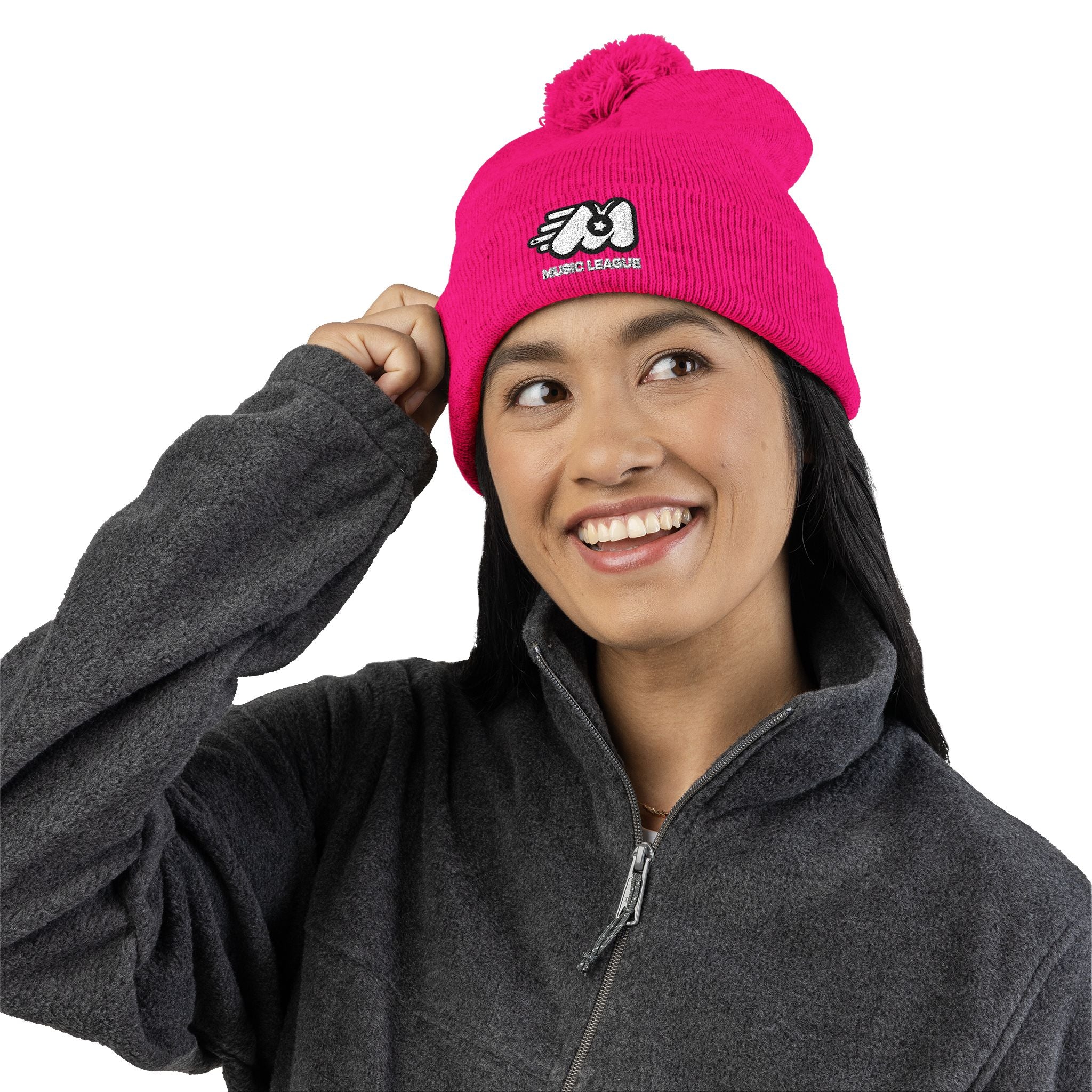 Pom-Pom Knit Cap with Embroidery